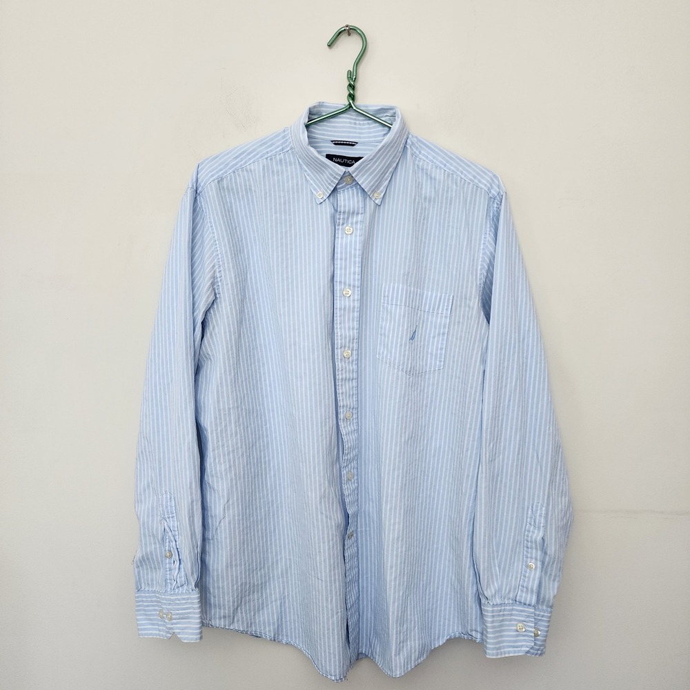 Nautica Mens Blue White Striped Long Sleeve Button Down Shirt Large Cotton